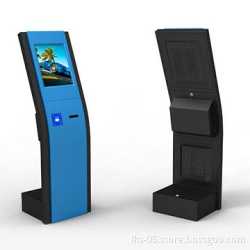 Floor standing kiosk with 17-inch touchscreen and full keyboard
